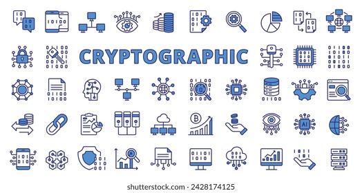 Cryptographic icons in line design, blue. Cryptographic, encryption, security, cryptography, code, business isolated on white background vector. Cryptographic editable stroke icons.