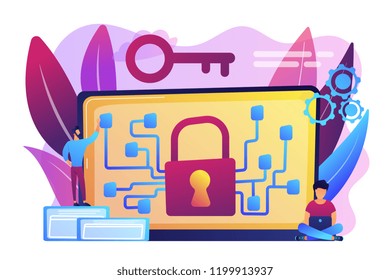 O agente criptográfico e o administrador de sistema criam código de algoritmo para o proprietário-chave da blockchain. Conceito de criptografia e algoritmo de criptografia. Ilustração isolada de vetor violeta vibrante brilhante