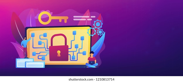 Cryptographic officer and system administrator create algorithm code for key owner of blockchain. Cryptography and encryption algorithm concept. Header or footer banner template with copy space.