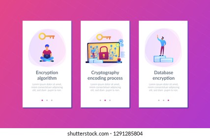 Kryptographischer Offizier und Systemverwalter erstellen Algorithmencode für Schlüsseleigner der Blockchain. Kryptographie und Verschlüsselungsalgorithmus. Benutzeroberflächen-UX-Vorlage für mobile Benutzeroberfläche, Wireframe für App