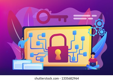 Cryptographic officer and system administrator create algorithm code for key owner of blockchain. Cryptography and encryption algorithm concept. Bright vibrant violet vector isolated illustration