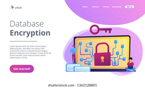 Cryptographic officer and system administrator create algorithm code for key owner of blockchain. Cryptography and encryption algorithm concept. Website vibrant violet landing web page template.