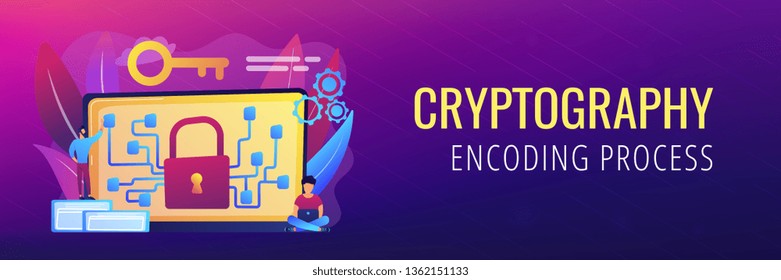 Cryptographic officer and system administrator create algorithm code for key owner of blockchain. Cryptography and encryption algorithm concept. Header or footer banner template with copy space.