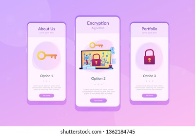 Cryptographic officer and system administrator create algorithm code for key owner of blockchain. Cryptography and encryption algorithm concept. Mobile UI UX GUI template, app interface wireframe