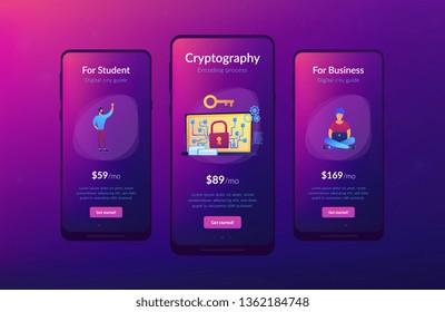 Cryptographic officer and system administrator create algorithm code for key owner of blockchain. Cryptography and encryption algorithm concept. Mobile UI UX GUI template, app interface wireframe