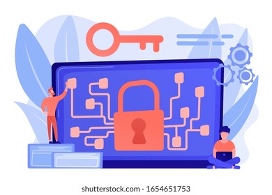 Cryptographic officer and system administrator create algorithm code for key owner of blockchain. Cryptography and encryption algorithm concept. Pinkish coral bluevector isolated illustration