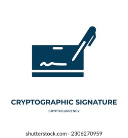 icono de vector de firma criptográfica. firma criptográfica, huella dactilar, íconos rellenados con id del concepto criptodivisa plana. Icono de glifo negro aislado, elemento de símbolo de ilustración vectorial para web 