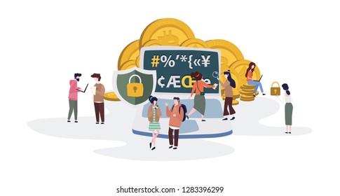 Cryptography, Bitcoin, golden coin, cryptocurrency, digital payment system, vector. converting data format unreadable, security blockchain networks, privity info or corrupting the blockchain.