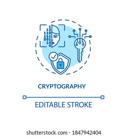 Cryptography concept icon. Secure communications techniques idea thin line illustration. Encryption. Secret-key, public key, hash function. Vector isolated outline RGB color drawing. Editable stroke