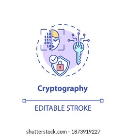 Cryptography concept icon. Secure communications techniques idea thin line illustration. Secret-key, public key, hash function. Vector isolated outline RGB color drawing. Editable stroke