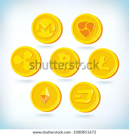 Cryptography currency. Bitcoin, Dash, Ethereum, litecoin, monero, nem, ripple golden coins. Financial technology. Digital currency. 2D cartoon bit coin isolated white background. Blockchain for inter
