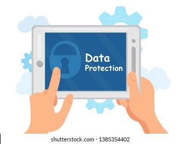 Cryptography, Data Protection Vector Illustration. Privacy Software Flat Banner. Hands Holding Locked Gadget. Padlock Icon on Tablet Screen. Private Information Limited Access, Device with Password