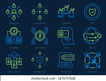 cryptography icon set with blockchain technology,graphic card mining,pool mining,smart contract,electronic know your customer,centralized ,decentralized and security key.