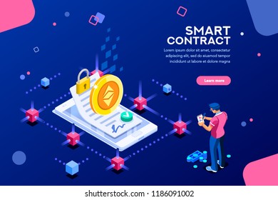 Cryptography infographics, contract concept. Contractor develop payment deal. Pay chain to block document for trade. Ethereum exchange. Smart concept with characters flat isometric vector illustration