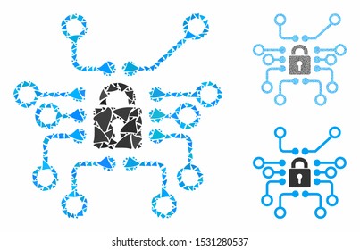 Cryptography mosaic of tuberous pieces in variable sizes and shades, based on cryptography icon. Vector bumpy pieces are organized into collage. Cryptography icons collage with dotted pattern.