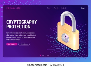 Cryptography protection, vector web banner isometric concept. Large lock with combination lock and electronic digital connections, Internet security from cybercrime, safety, landing website page