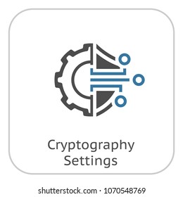 Cryptography Settings Icon. Modern computer network technology sign. Digital graphic symbol. Gear with Bitcoin Sign. Concept design elements.