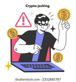 Cryptojacking. Hidden unauthorized use of people's devices for cryptocurrency mining. Cybercriminal penetration, usage of computing power to generate crypto money. Flat vector illustration