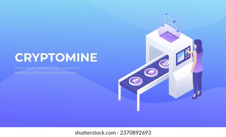 Cryptomine technology concept. Crypto currency blockchain isometry. Bitcoin mining farm 3d vector.