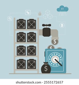 Cryptomining farm concept. Cryptocurrency mining equipment. Mining crypto currency bitcoin using GPU or video cards. Dollar coins pouring from tap into strongbox, profit. flat vector illustration