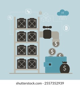 Cryptomining farm concept. Cryptocurrency mining equipment. Mining crypto currency bitcoin using GPU or video cards. Dollar coins pouring from tap into digital wallet, profit. flat vector illustration