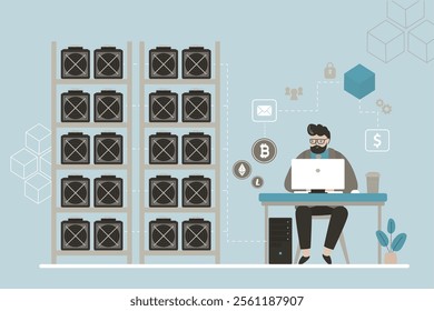 Cryptomining farm concept. Cryptocurrency mining equipment. Mining crypto currency bitcoin using GPU or video cards. Trader at workplace. Businessman miner with income profit. flat vector illustration