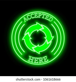 Cryptonex (CNX) green  neon cryptocurrency symbol in round frame with text "Accepted here". Vector illustration isolated on black background