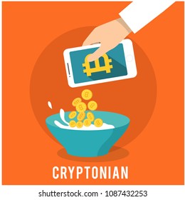 Cryptonian Concept Hand Pour Smartphone Withh Golden Coin Vector Image
