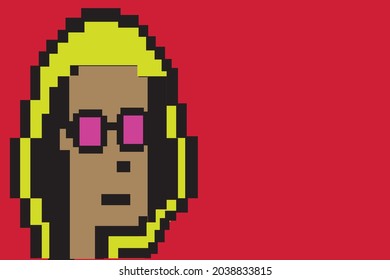 Cryptopunk NFT blockchain, non fungible. Pixel art character yellow hood. red background  svg