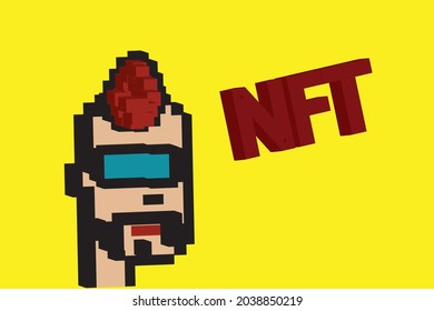 Cryptopunk NFT blockchain, non fungible token. Pixel art character red hair  game glasses 3d svg