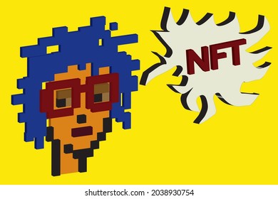 Cryptopunk NFT blockchain, non fungible token. Pixel art character blue hair red glasses 3d svg