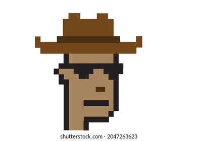 Cryptopunk NFT blockchain, non fungible tokens. Pixel art character yellow cowboy with a hat white background  svg