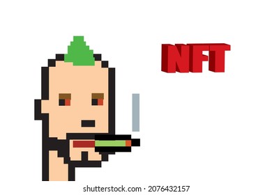 Cryptopunk NFT blockchain, non fungible. Pixel art character. smoking joint. red eyes svg