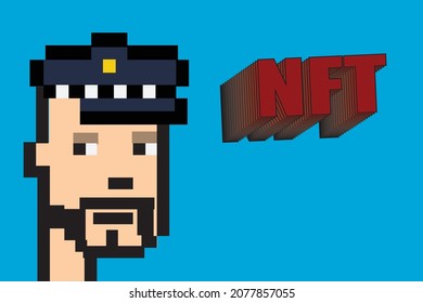 Cryptopunk NFT blockchain, non fungible token. Pixel art character. policeman