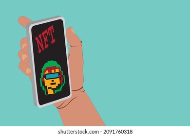 Cryptopunk NFT blockchain, non fungible. Pixel art character. hand phone