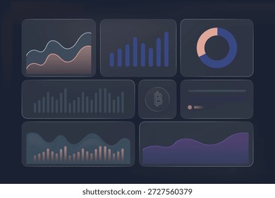 Crypto-style dashboard UI with glass effect panels, abstract data shapes only, transparent cards