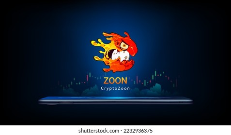 CryptoZoon cryptocurrency symbol come out from smartphone with growth chart. Trading crypto currency on application. Financial investment banner for news or website. Icon coin token vector EPS10.