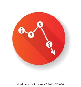 Crysis, currency depreciation red flat design long shadow glyph icon. Inflation, exchange rates decline. Commerce, business fail, profit reduction. Silhouette RGB color illustration