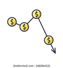 Crysis, currency depreciation yellow RGB color icon. Inflation, exchange rates decline. Commerce, business fail and profit reduction. Isolated vector illustration