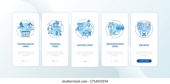 Crysis types onboarding mobile app page screen with concepts. Global disasters, emergency situations walkthrough five steps graphic instructions. UI vector template with RGB color illustrations