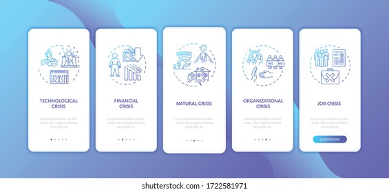 Crysis types onboarding mobile app page screen with concepts. Global disasters, emergency situations walkthrough five steps graphic instructions. UI vector template with RGB color illustrations