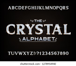 Crystal alphabet font. Luxury diamond letters and numbers with gold bevel. Stock vector typescript for your design.