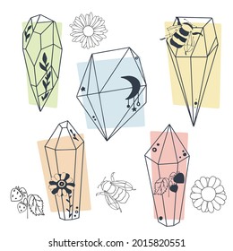 Crystal azmaz or ruby. A gemstone with flowers and insects. A set of crystals.