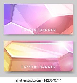 Crystal background set of banners vector illustration. 3d abstract shape with shiny and glossy jewellery stone for advertisement, greeting and invitation cards. Gradient colors.