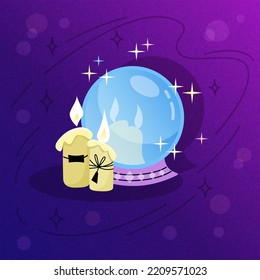 Crystal ball with candles. Vector color illustration on the dark textured background