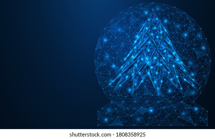 Una bola de cristal con nieve cayendo y un árbol de Navidad adentro. recuerdo de cristal de Navidad. Diseño de líneas y puntos bajo en polos. Fondo azul.