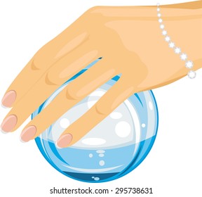 Crystal ball in a female hand. Vector
