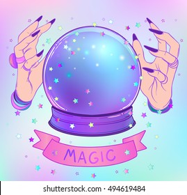 Crystal Ball With Female Hands With Female Hands. Creepy Cute Vector Illustration. Gothic Design, Mystic Magic Symbol, Pastel Colors. Future Telling, Halloween Concept. 