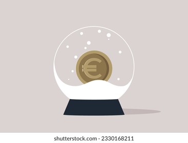 Eine Kristallkugel mit künstlichem Schnee, eine Euro-Münze aus Metall