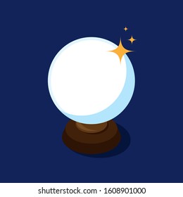 Crystal ball flat design isolated on dark blue background. Magic and forture teller concept, vector illustration